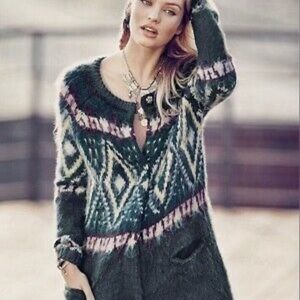 Free People Frosted Fair Isle Wool Mohair Long Duster Green Wool Cardigan Medium
